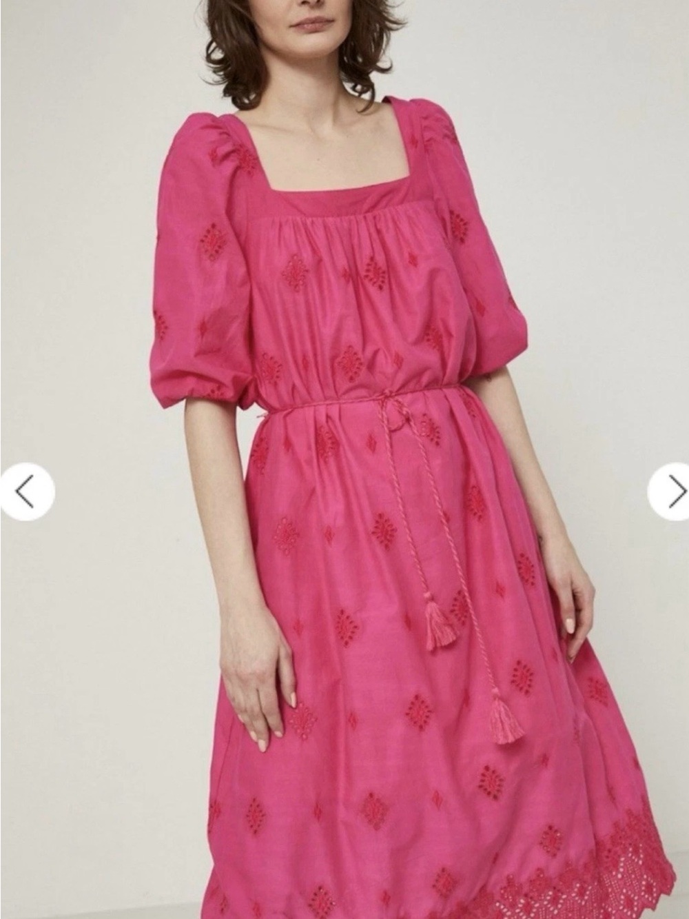 Square-Neck Embroidered Puff-Sleeve Maxi Dress in Hot Pink
